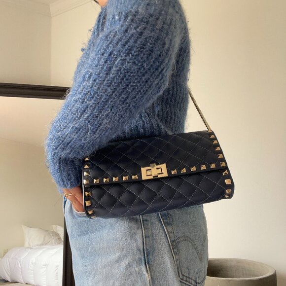 Inzi Navy Quilted clutch / crossbody with studs - Picture 1 of 8